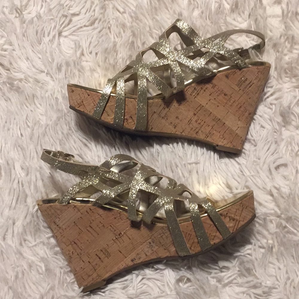 Marc Fisher Gold Cork Wedge Sandals 7